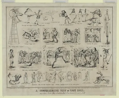 A Comprehensive View of Base Ball, satirical lithograph of baseball scenes