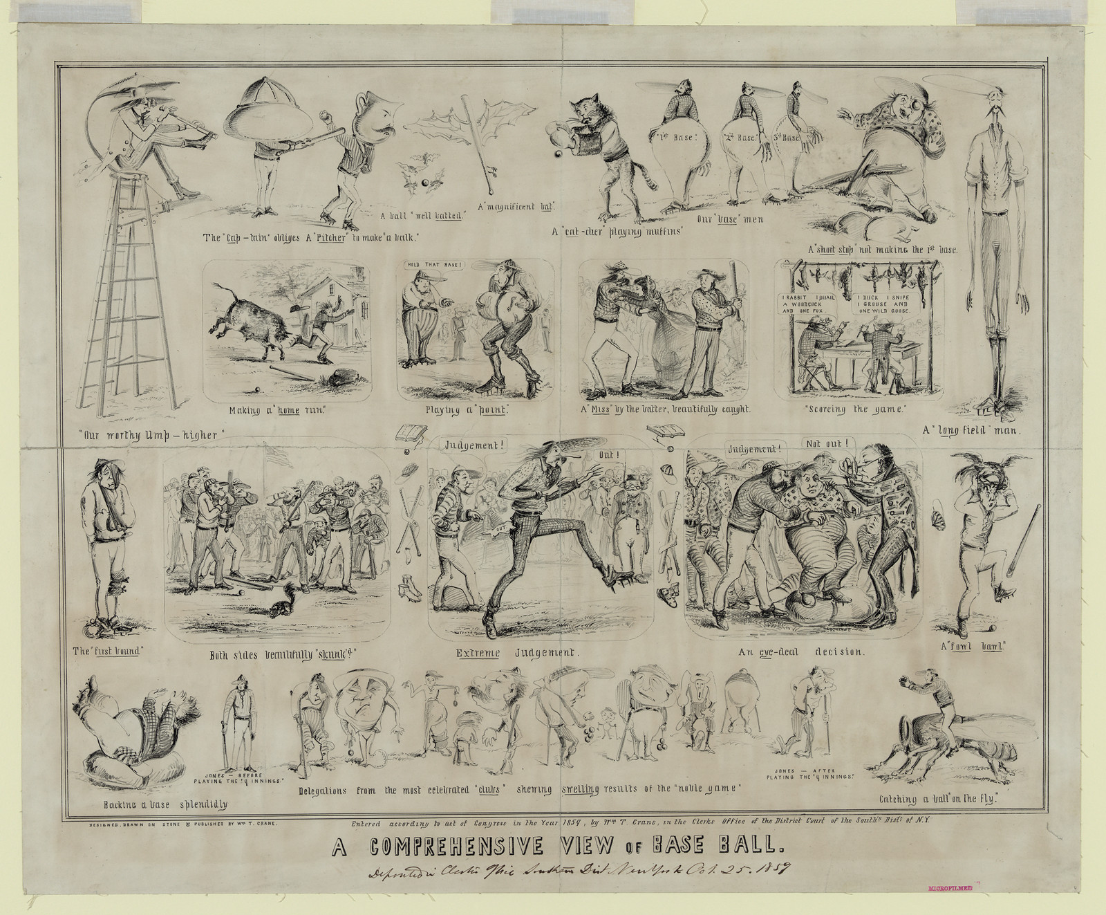 A Comprehensive View of Base Ball, satirical lithograph of baseball scenes — antique lithograph