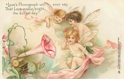 Fairies with a flower phonograph, Love's Phonograph verse postcard