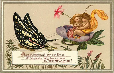 New Year greeting card with children, flower and butterfly