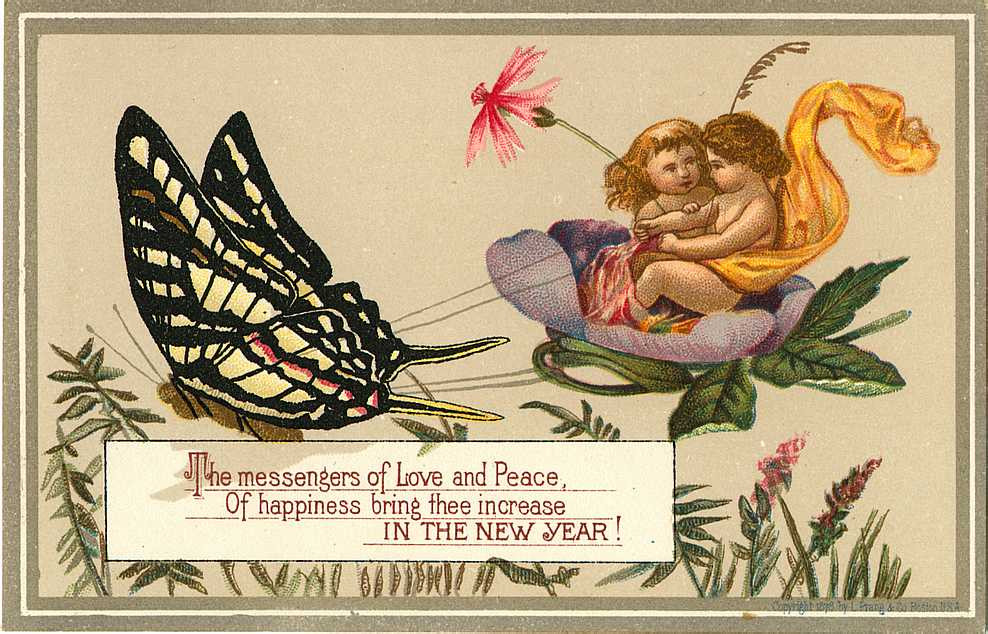 New Year greeting card with children, flower and butterfly — historic image