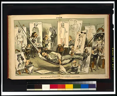 A mid-summer day's dream--While our artist sleeps, his favorite subjects are left to do justice to themselves, and to correct his conceptions / J. Keppler ; Mayer, Merkel & Ottmann, lith., N.Y.