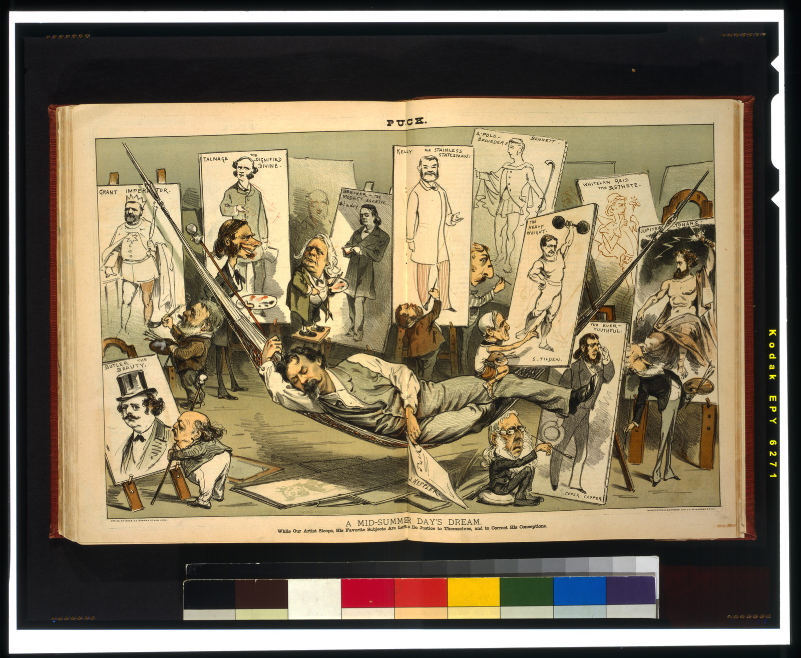 A mid-summer day's dream--While our artist sleeps, his favorite subjects are left to do justice to themselves, and to correct his conceptions / J. Keppler ; Mayer, Merkel & Ottmann, lith., N.Y., 1881 Aug. 10. — antique lithograph