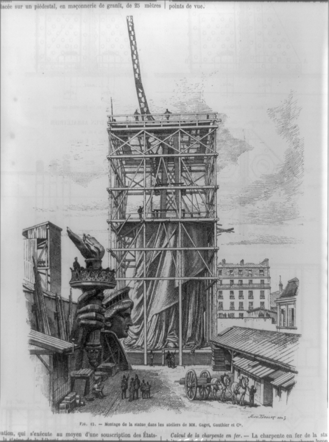 Montage de la statue dans les ateliers de MM. Gaget, Gauthier et Cie / Alex. Fatalot, del., 1883 Aug. 1. — antique engraving