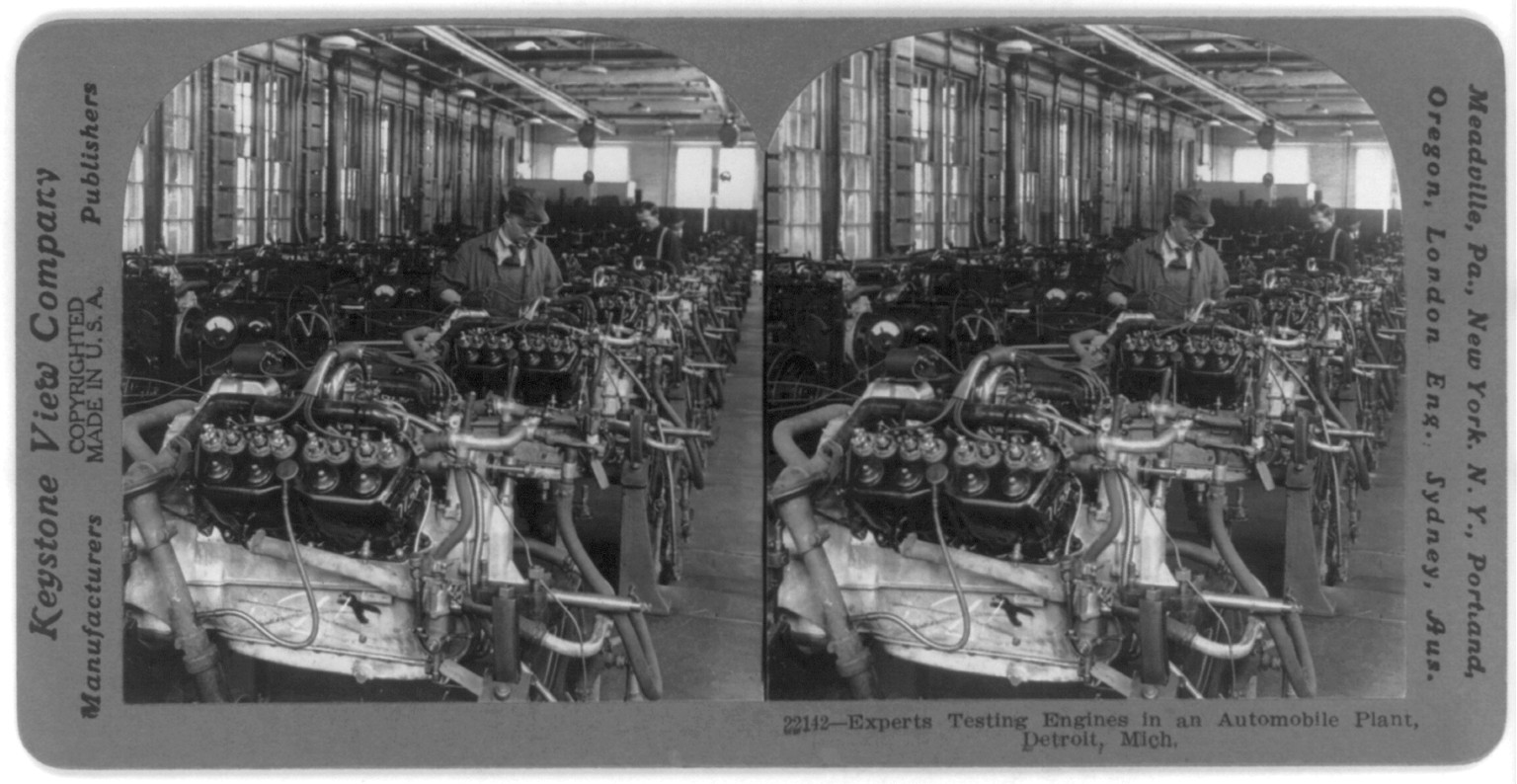 Experts testing engines in an automobile plant, Detroit, Mich., c1916 Aug. 26. — historic photograph