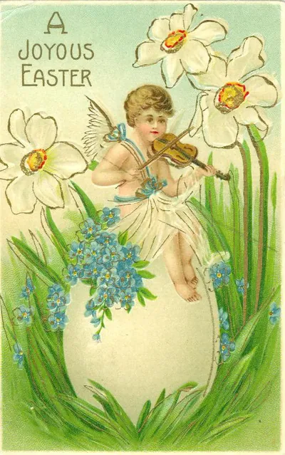 A Joyous Easter greeting card with violin-playing cherub