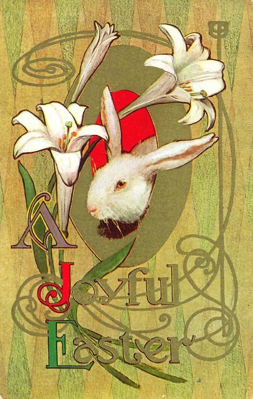 A Joyful Easter postcard with white rabbit and lilies — vintage postcard