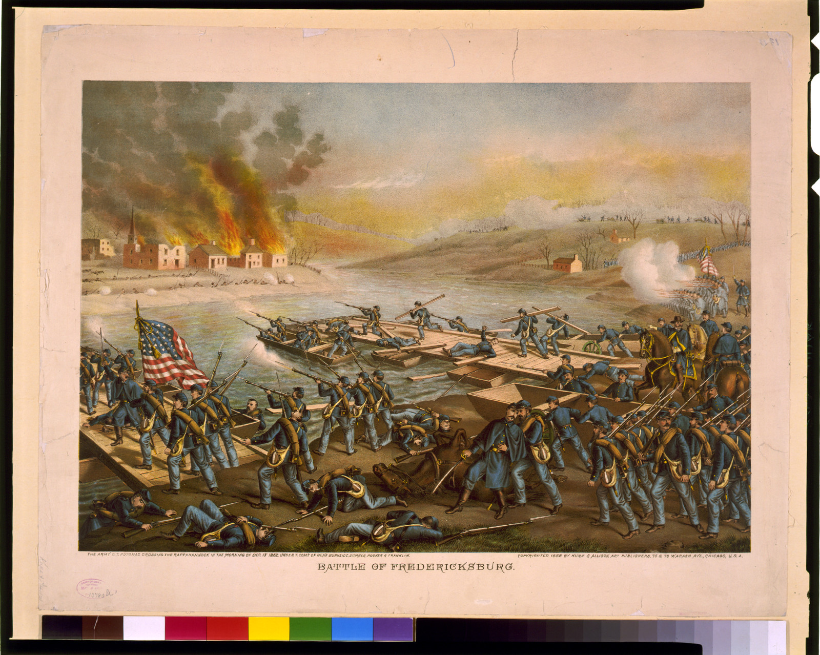 Battle of Fredericksburg--the Army o.t. Potomac crossing the Rappahannock in the morning of Dec. 13' 1862, under t. comd. of Gen's Burnside, Sumner, Hooker & Franklin, c1888. — antique lithograph