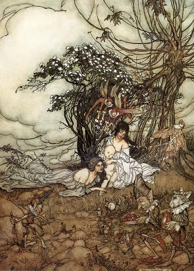 Fairies and a sleeping woman with a changeling baby