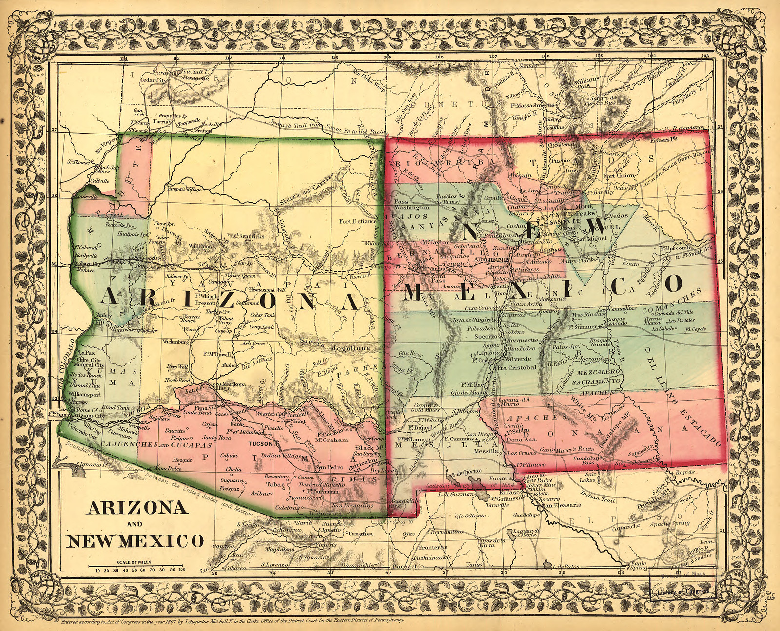Arizona and New Mexico map, 1867, 1867 — antique map