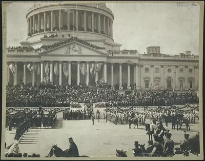 Presidential inauguration at the Capitol, crowds and military escort