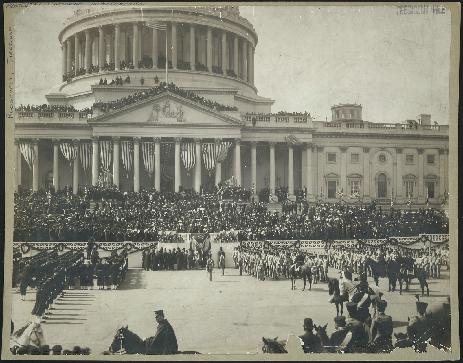 Presidential inauguration at the Capitol, crowds and military escort — historic image