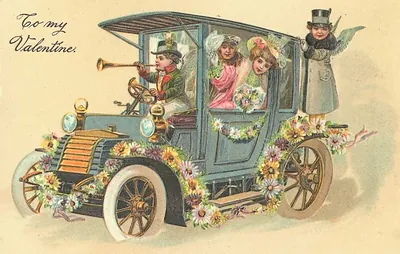 To My Valentine postcard with flower-decorated vintage automobile