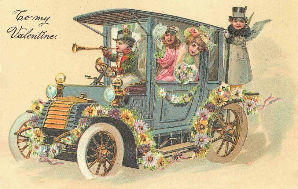 To My Valentine postcard with flower-decorated vintage automobile — vintage postcard