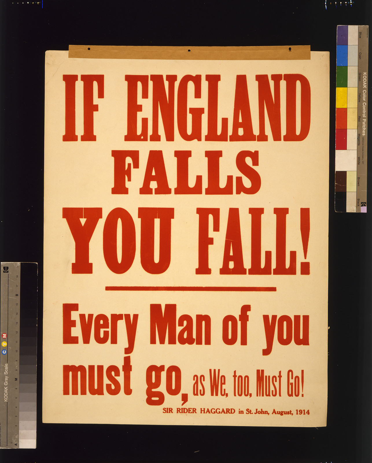 If England falls you fall! Every man of you must go as we too must go! Sir Rider Haggard in St. John August 1914, 1915 — vintage poster