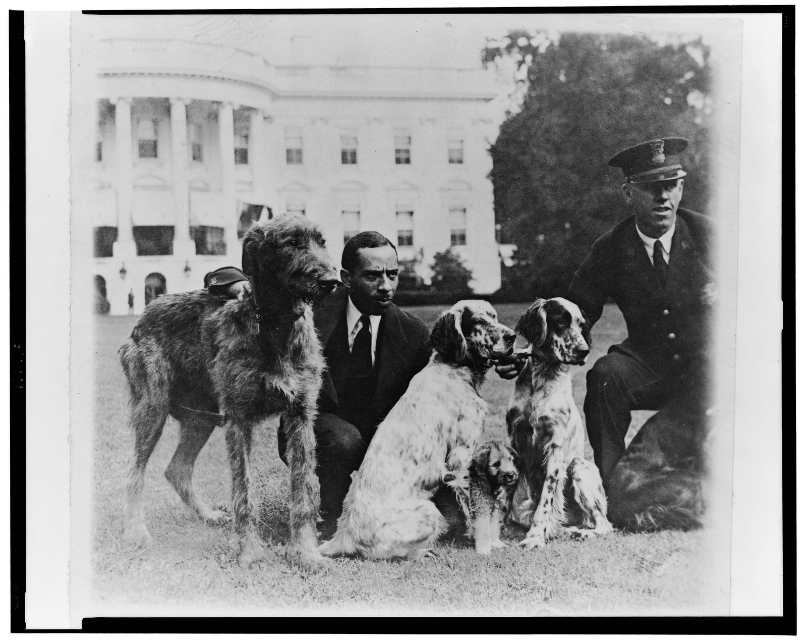 P.E. Allen of the White House police force and Harry Waters with some of the White House dogs, 1929 Sept. 23. — historic photograph