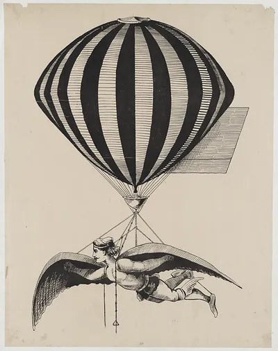 Striped hot-air balloon lifting a winged flying woman, engraving