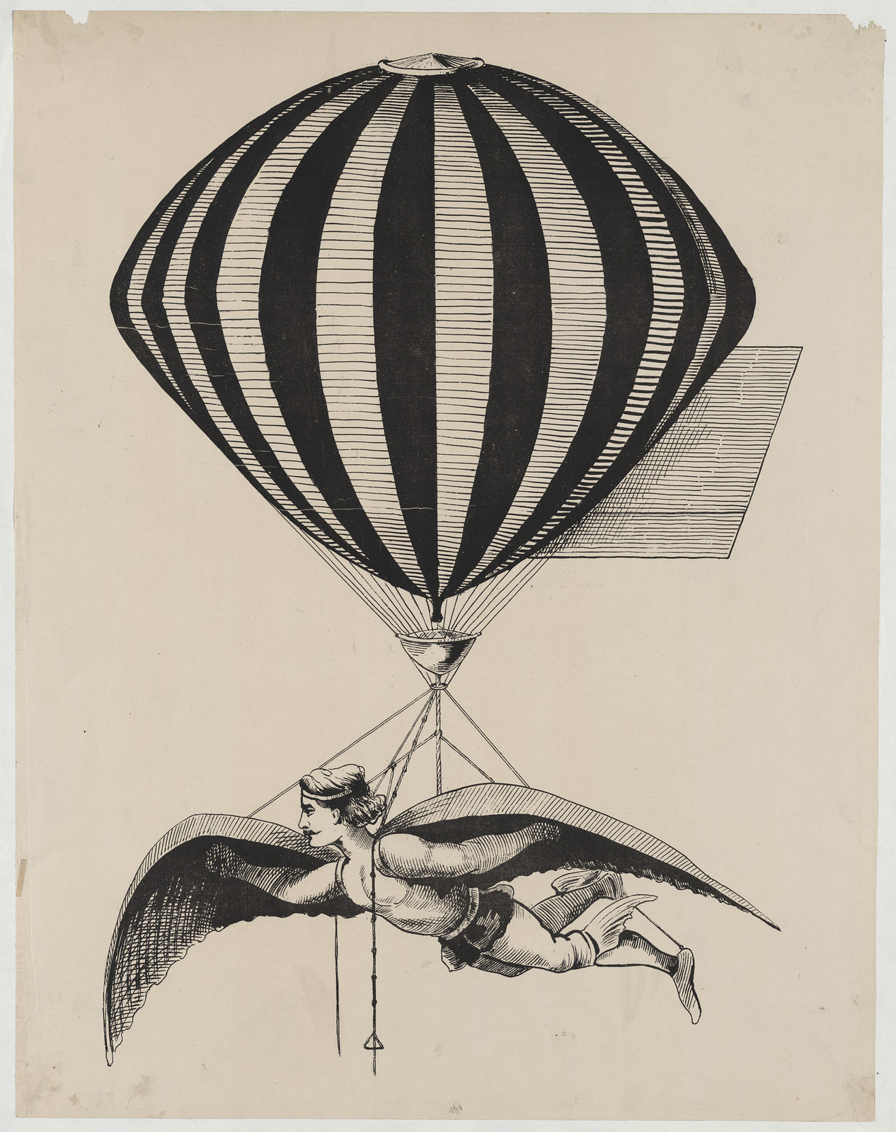 Striped hot-air balloon lifting a winged flying woman, engraving — antique engraving