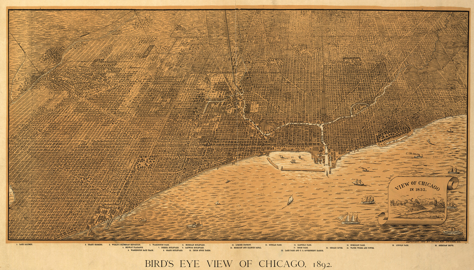 Bird's Eye View of Chicago, 1892, 1892 — antique map