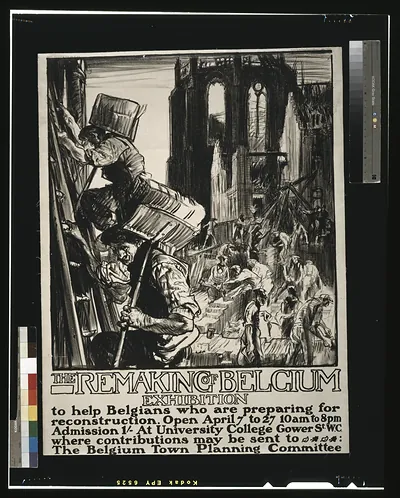 The remaking of Belgium exhibition to help Belgians who are preparing for reconstruction / Frank Brangwyn A.R.A. del et lith printed by the Avenue Press Ltd. Bouverie Street London E.C. England.