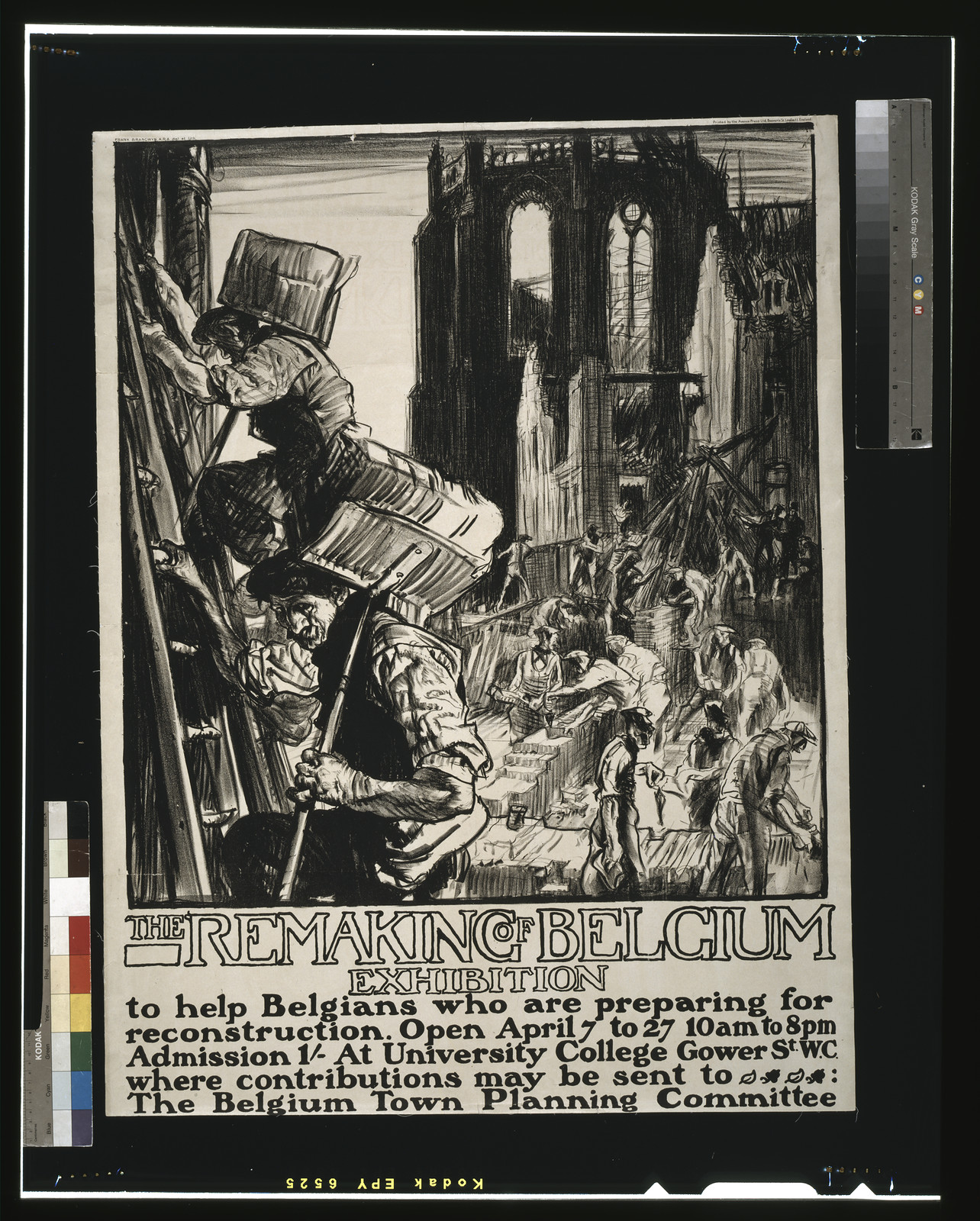 The remaking of Belgium exhibition to help Belgians who are preparing for reconstruction / Frank Brangwyn A.R.A. del et lith printed by the Avenue Press Ltd. Bouverie Street London E.C. England., 1915 — vintage poster