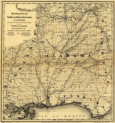 Map showing the line of the New Orleans, Mobile & Chattanooga Railroad, and also the chief agricultural and mineral districts of the state of Alabama