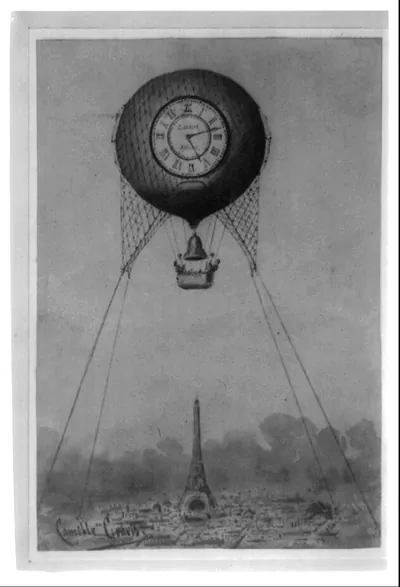 [Captive balloon with clock face and bell, floating above the Eiffel Tower, Paris, France] / Camille Grávis.