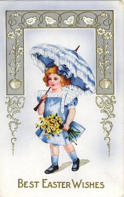Best Easter Wishes postcard, girl with blue parasol