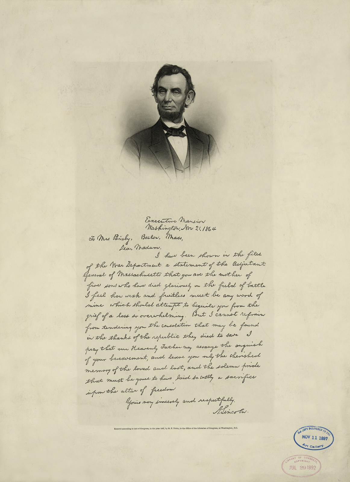 Letter From Abraham Lincoln To Mrs. Bixby With Bust-Length Portrait Of Lincoln, c. 1891 — antique lithograph