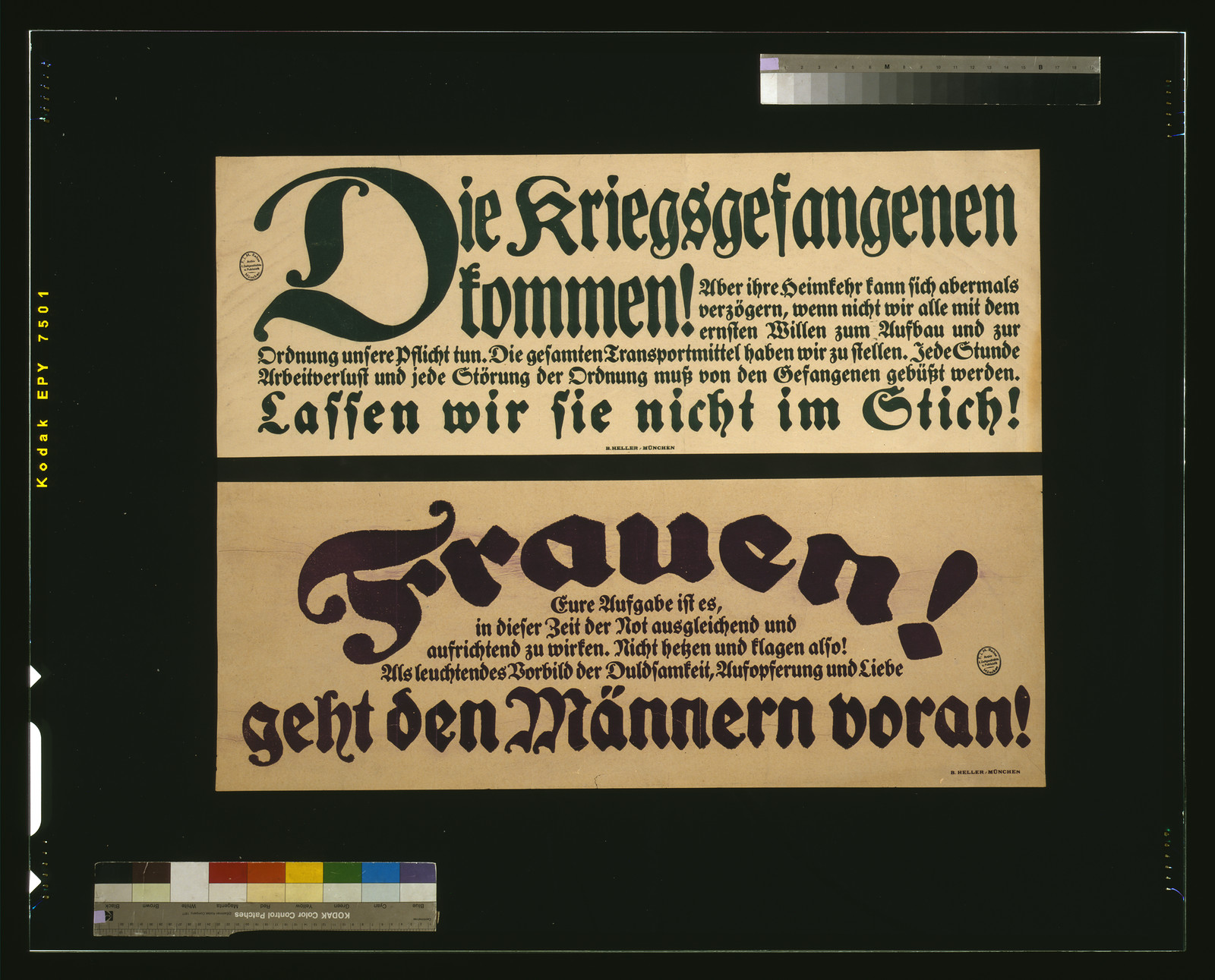 Poster: Die Kriegsgefangenen kommen! and Frauen! geht den Männern voran!, 1919 — vintage poster