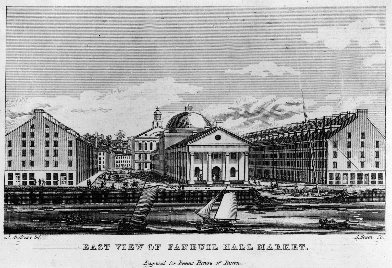 East view of Fanueil Hall Market [with boats on water in foreground, Boston, Mass.], [between 1810 and 1850] — antique engraving