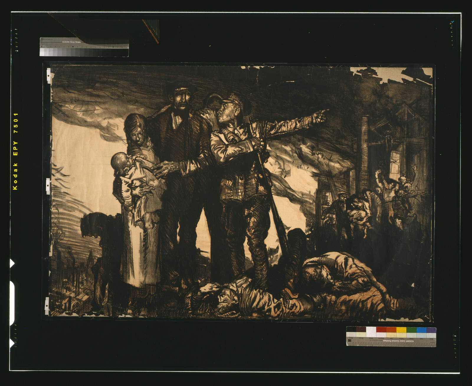 [Soldier giving direction to a family amid chaos and destruction of war], 1915 — vintage poster