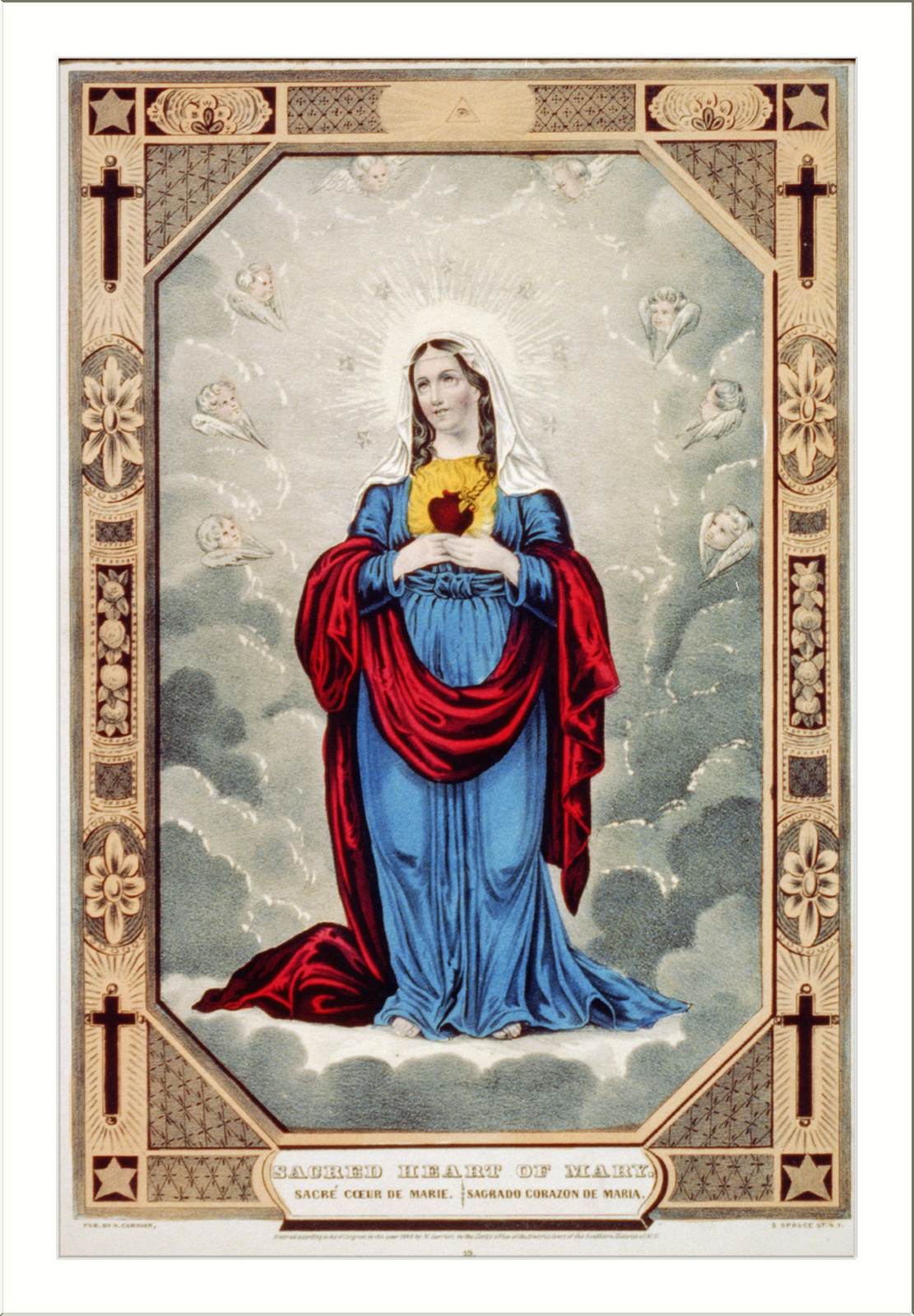 Sacred heart of Mary: sacre ́coeur de Marie / sagrado corazon de Maria, New York : Published by N. Currier, c1848. — antique lithograph