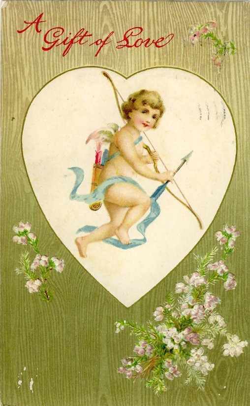 A Gift of Love, Valentine card with cupid in heart — historic image