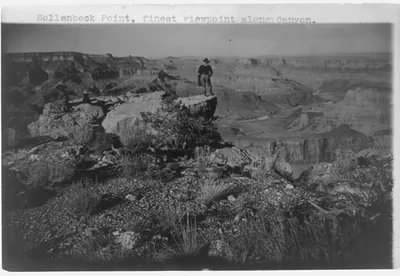 [Grand Canyon and vicinity]: Hollenbeck Point, finest view point along canyon [with 3 people on large rock]