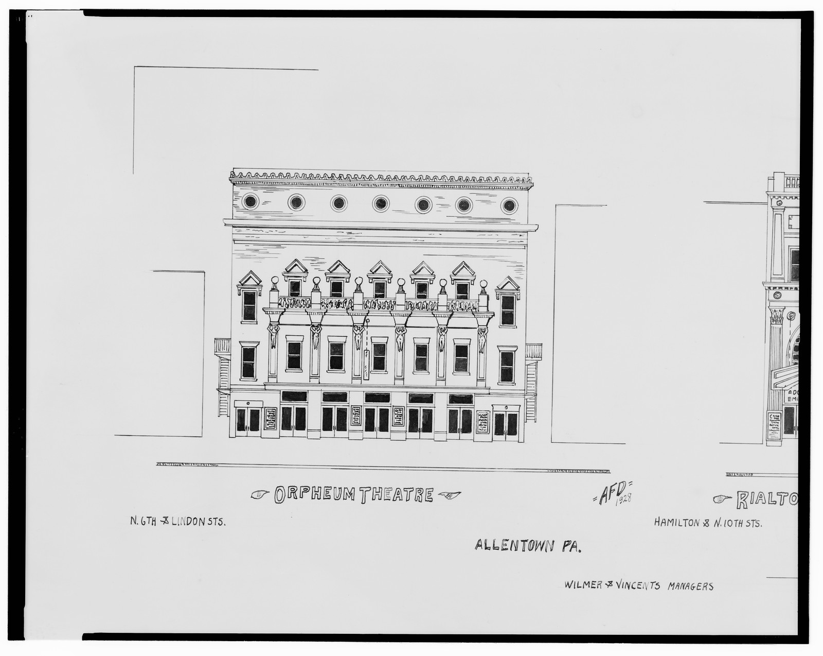 [Orpheum Theatre, N. 6th St. and Lindon St., and Rialto Theatre, Hamilton St. and N. 10th St., Allentown, Pennsylvania] / AFD 1928., And Engineering (ADE) Drawings — vintage poster