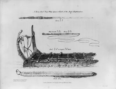 A bone [dog] sled, dog whip, spear and knife of the Arctic Highlanders