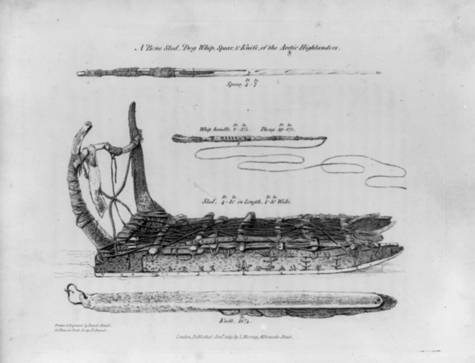 A bone [dog] sled, dog whip, spear and knife of the Arctic Highlanders, 1835 — antique engraving