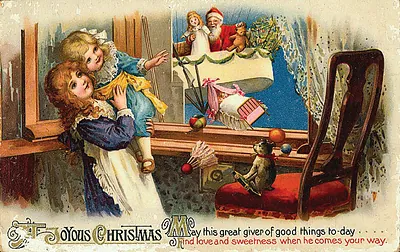 Vintage Christmas postcard with girls, Santa, and a teddy bear