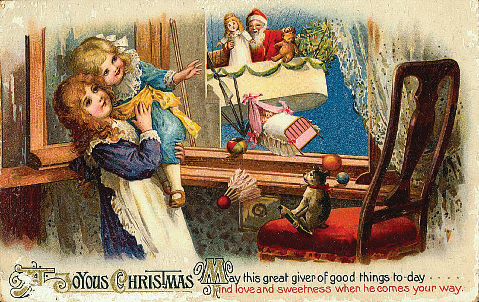 Vintage Christmas postcard with girls, Santa, and a teddy bear — vintage postcard