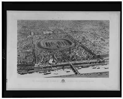 Vue officielle a vol d'oiseau de l'exposition universelle de 1867 / Eug. Cicéri et Ph. Benoist del & lith. ; imp. Lemercier & Cie., Paris.