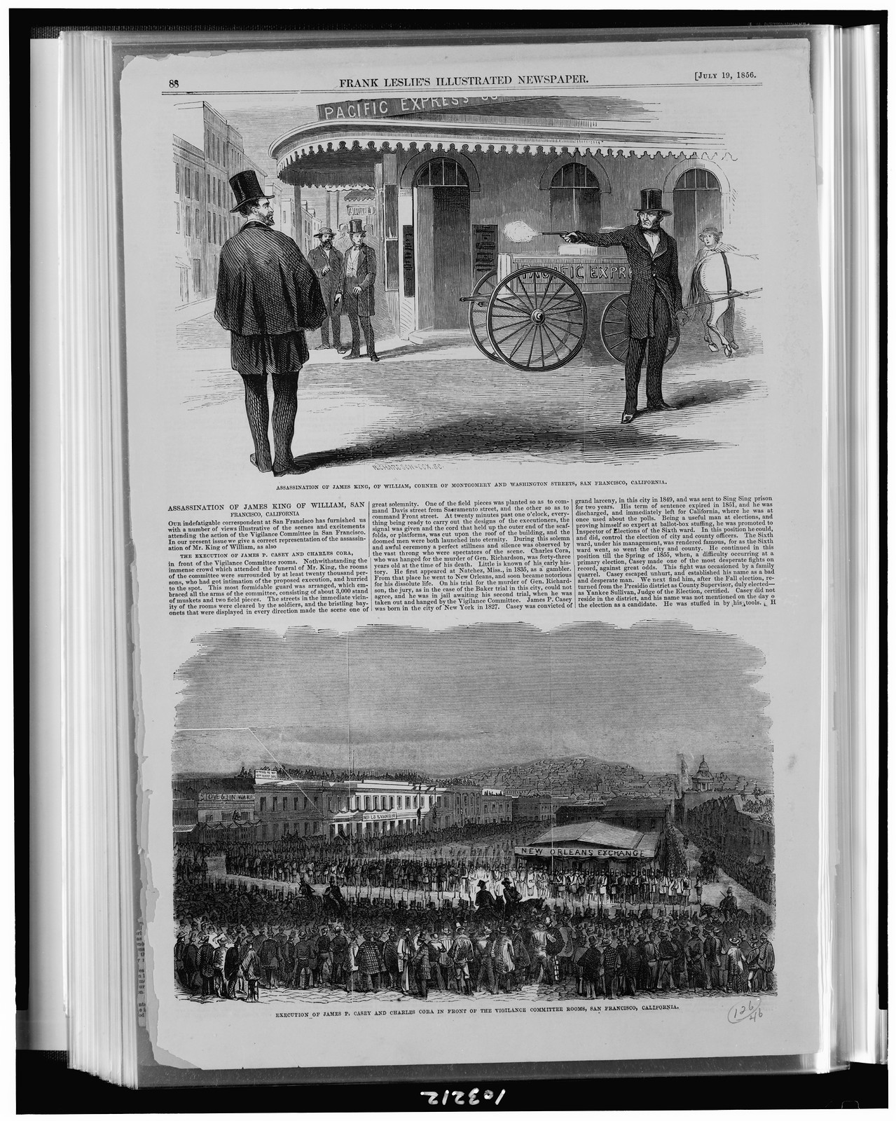 Assassination of James King, of William, corner of Montgomery and Washington Streets, San Francisco, California / Richardson=Cox, sc. Execution of James P. Casey and Charles Cora in front of the vigilance committee rooms, San Francisco, California, 1856 — antique engraving