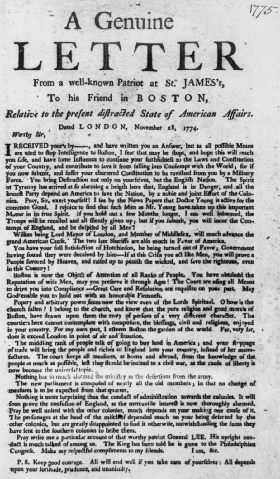 A genuine letter [from St. James to Boston 1774], 1774 — historic print