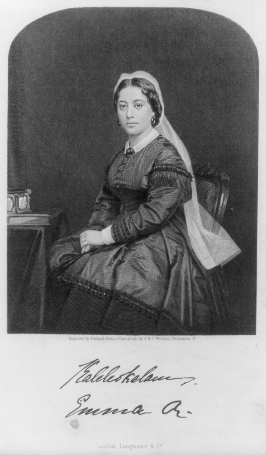 [Emma, Queen of Sandwich Islands, 1836-1885, three-quarters length, seated, facing left] — antique engraving