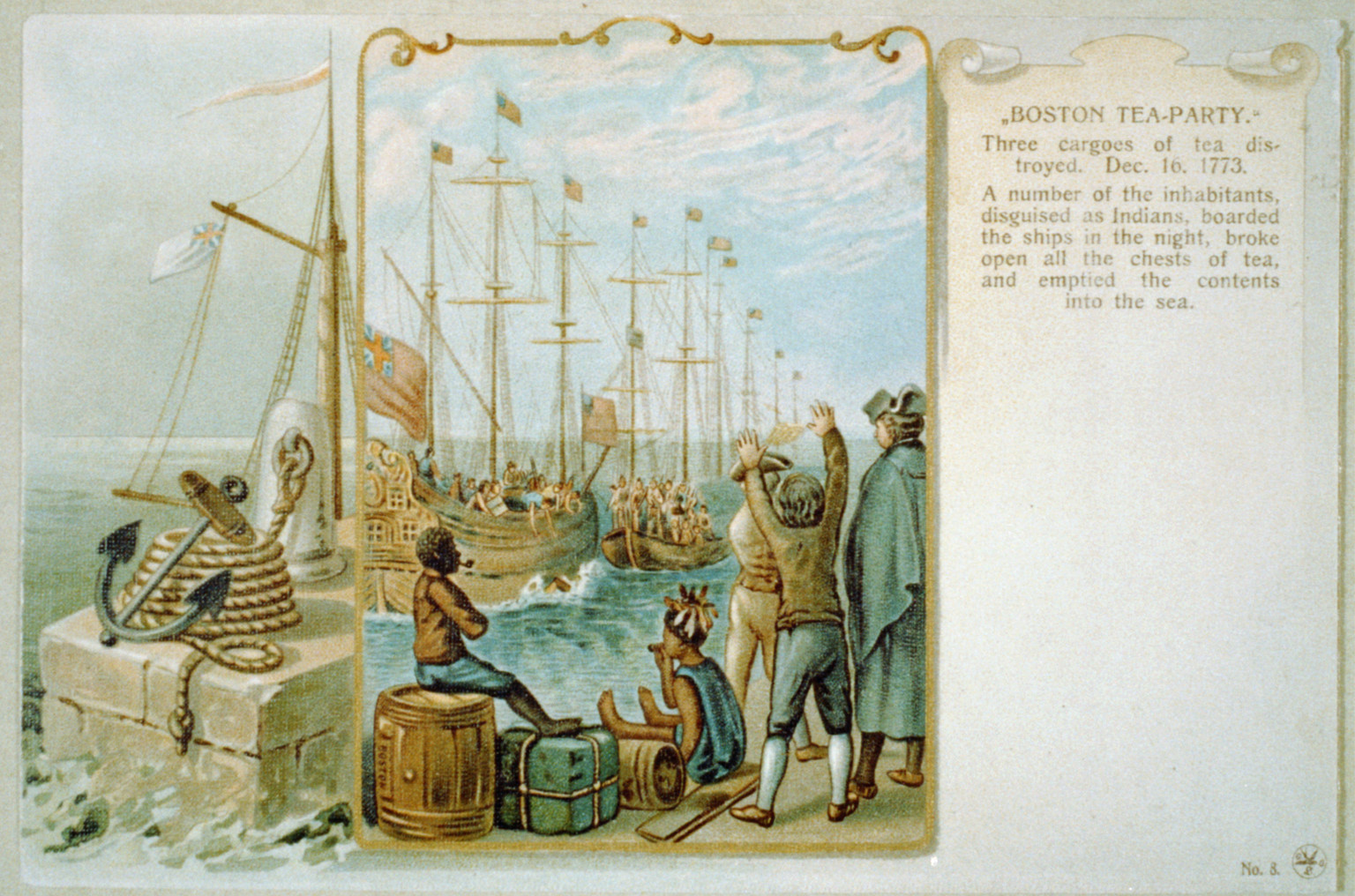 Boston tea-party." Three cargoes of tea destroyed. Dec. 16 1773", c1903. — vintage postcard