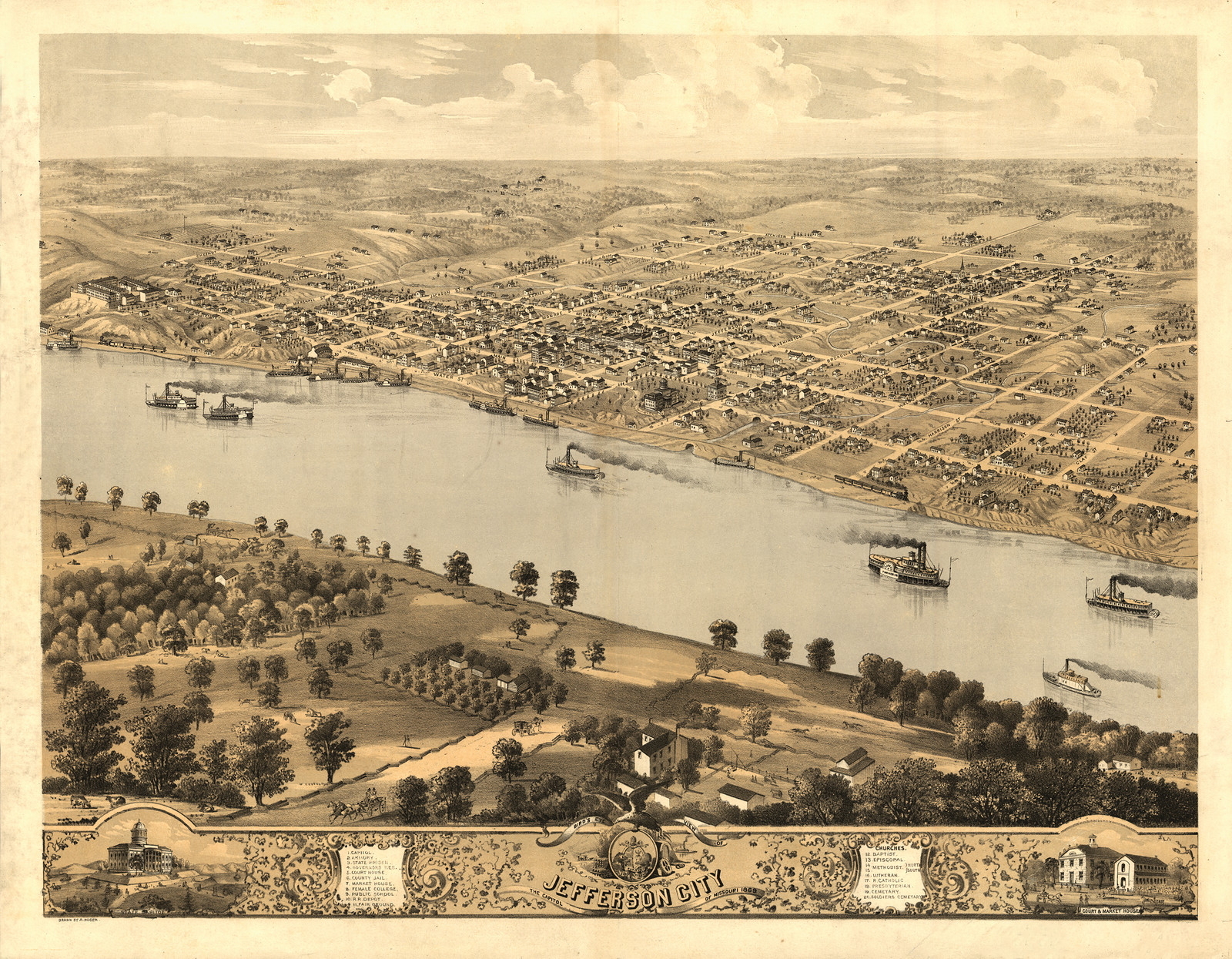 Bird's Eye View of Jefferson City, the Capitol of Missouri, c. 1869 — antique map