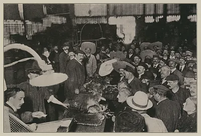 Crowd of buyers at a game market stall