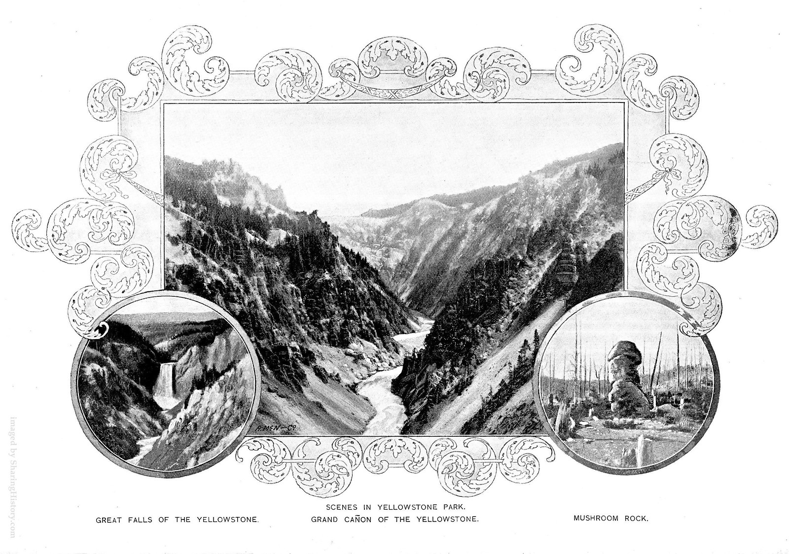 Scenes in Yellowstone Park: Great Falls, Grand Canyon, Mushroom Rock — historic image