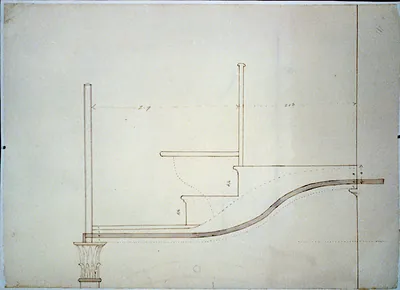 Architectural drawing for seating in a gallery supported by Corinthian columns. Gallery, section with corinthian capital