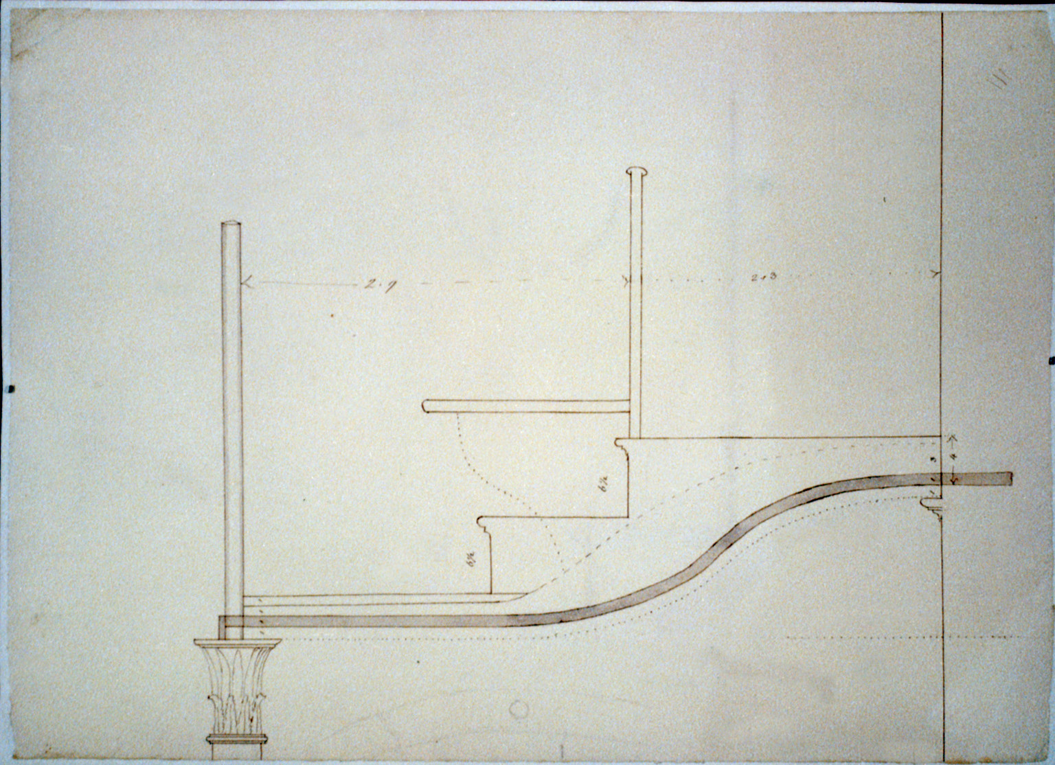 Architectural drawing for seating in a gallery supported by Corinthian columns. Gallery, section with corinthian capital, [1800-1832]. — historic drawing